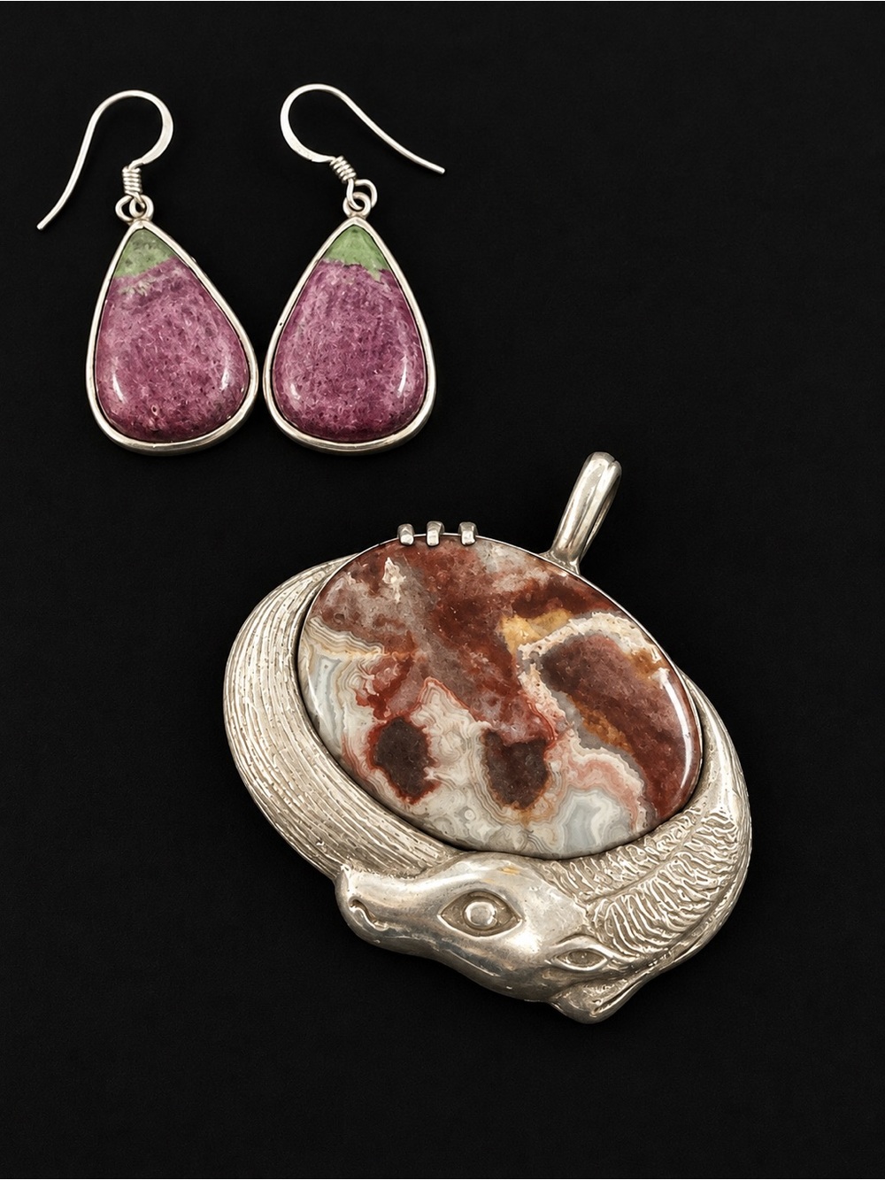 Large sterling Silver pendant and earring set ruby zoisite